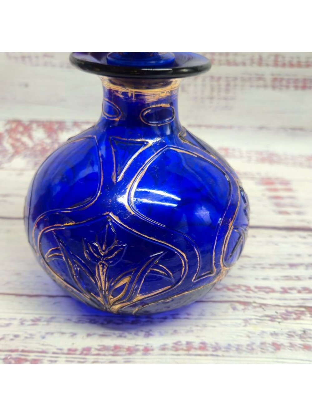 Vintage Cobalt Blue bohemian glass perfume bottle Hand-Painted Gold Floral - Picture 9 of 16